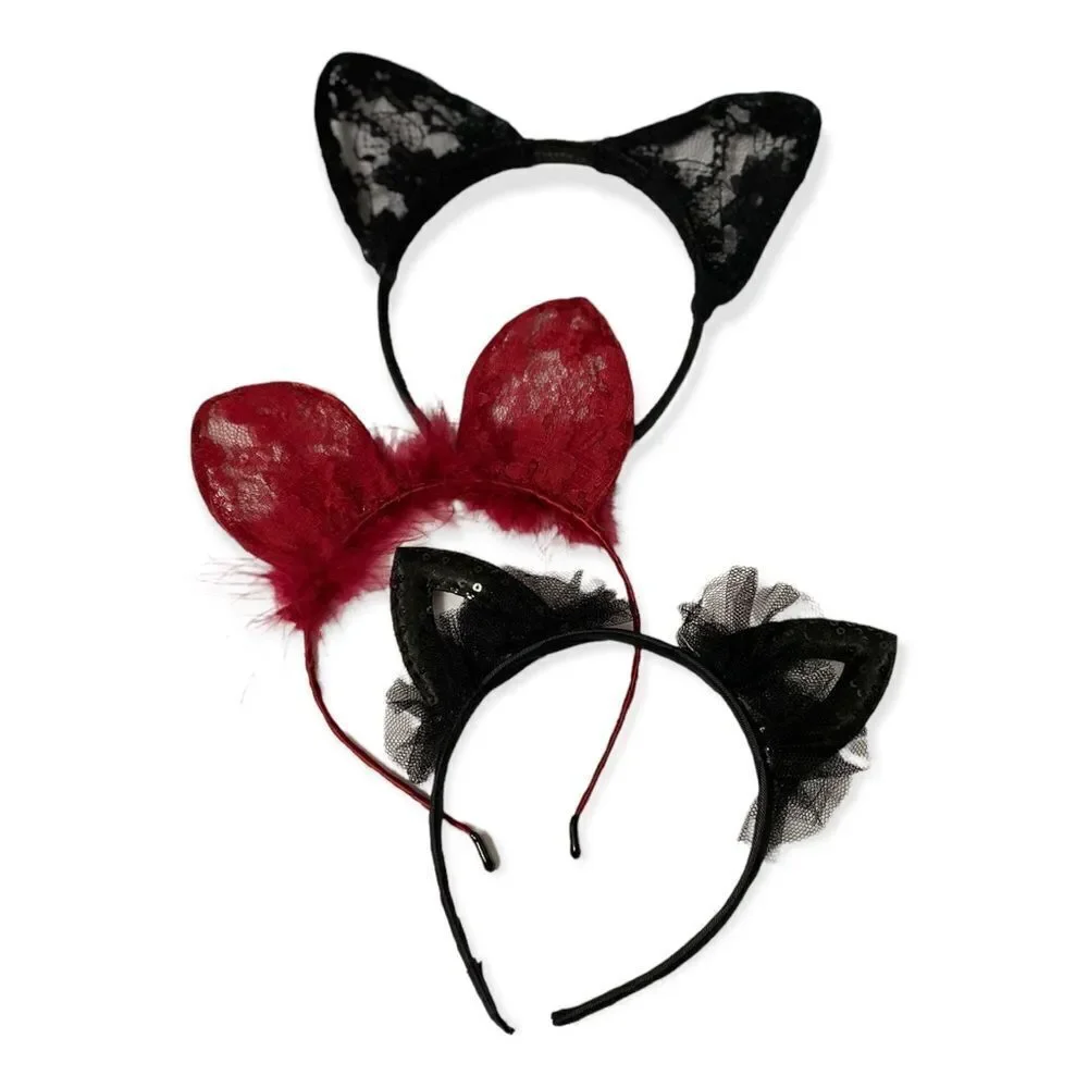 Black Lace Adjustable Cat Ears Headband Hair Accessory Cosplay NEW
